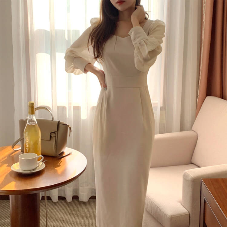 スクエアネック ハイウエスト 長袖シースルー