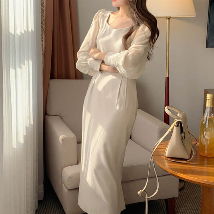 スクエアネック ハイウエスト 長袖シースルー