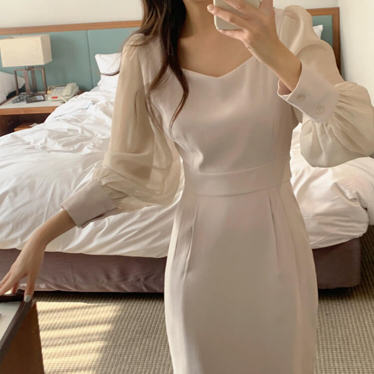 スクエアネック ハイウエスト 長袖シースルー