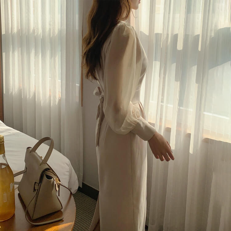 スクエアネック ハイウエスト 長袖シースルー