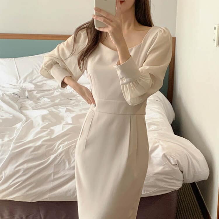 スクエアネック ハイウエスト 長袖シースルー