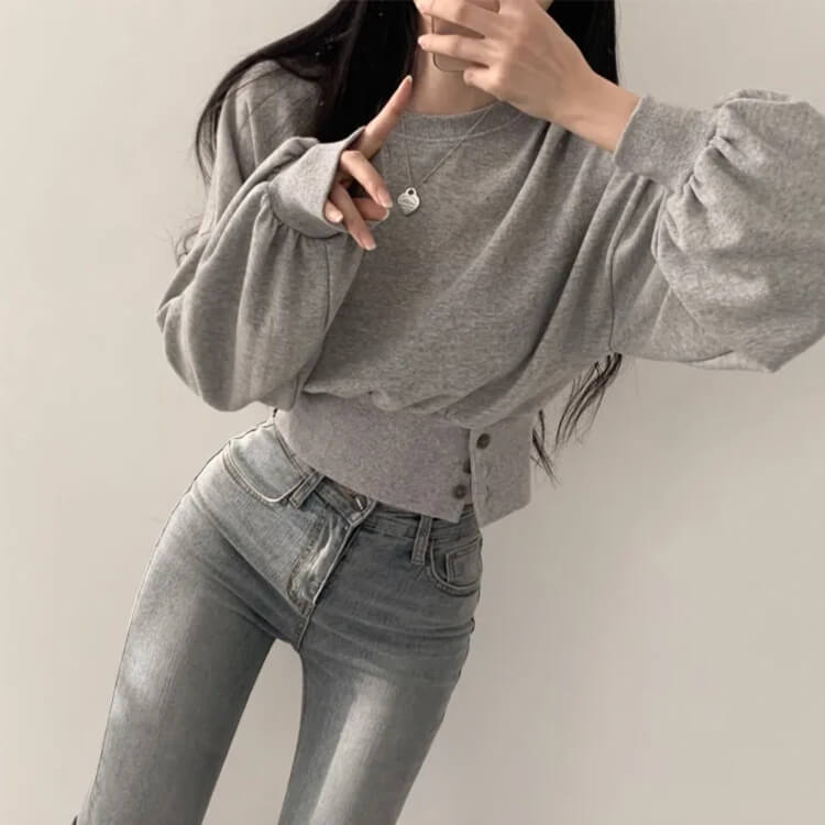ぽわん袖 サイドボタン クロップド丈 スウェット トレーナー