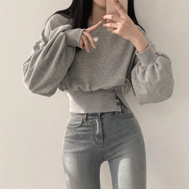 ぽわん袖 サイドボタン クロップド丈 スウェット トレーナー