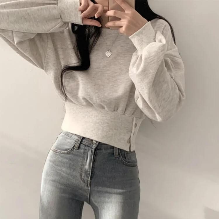 ぽわん袖 サイドボタン クロップド丈 スウェット トレーナー