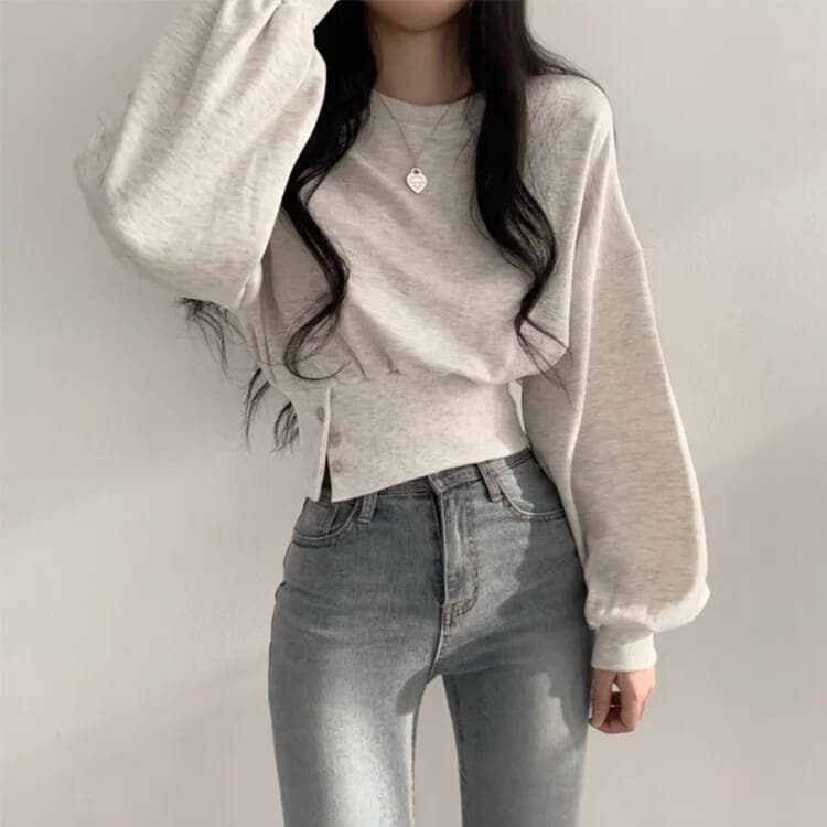 ぽわん袖 サイドボタン クロップド丈 スウェット トレーナー