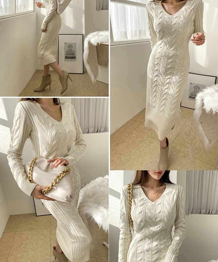 きれいめ ケーブルニット ミモレ丈ワンピース