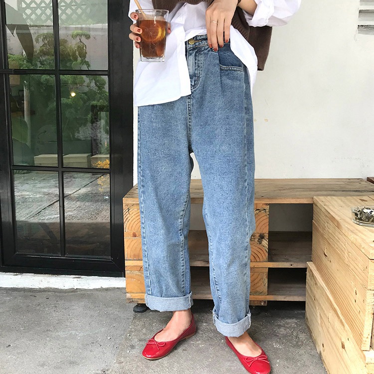 ボーイッシュスタイル ハイウエスト×ギャザー デニム パンツ