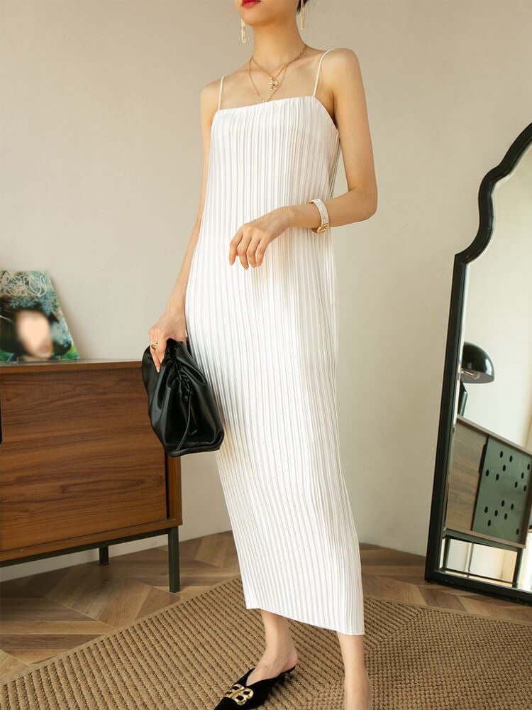 スクエアネック プリーツ キャミソール ロングワンピース