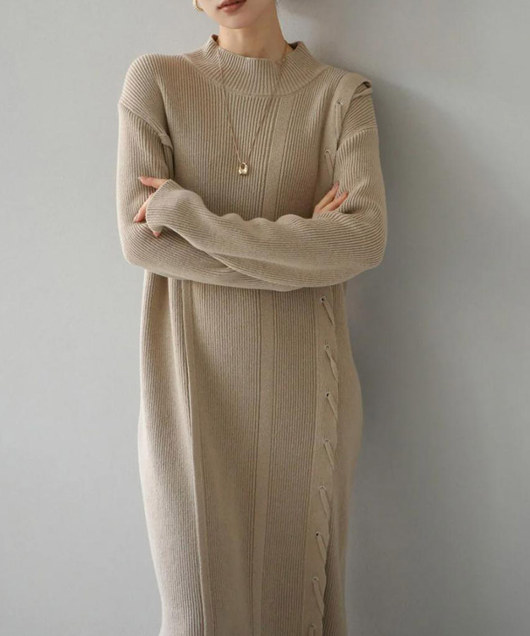 アシンメトリー 編み上げ リブニット ロングワンピース