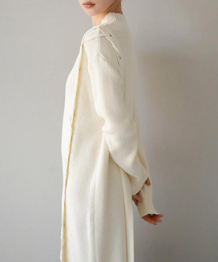 アシンメトリー 編み上げ リブニット ロングワンピース