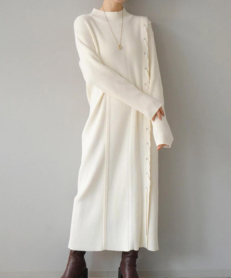 アシンメトリー 編み上げ リブニット ロングワンピース