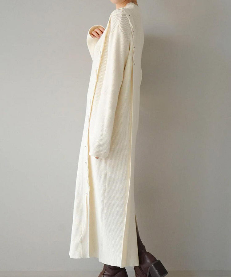 アシンメトリー 編み上げ リブニット ロングワンピース