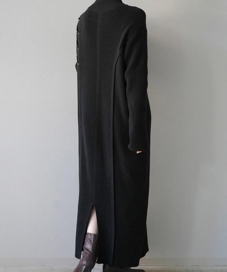 アシンメトリー 編み上げ リブニット ロングワンピース