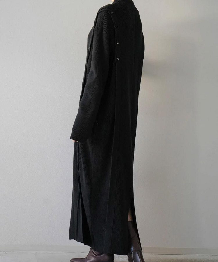 アシンメトリー 編み上げ リブニット ロングワンピース