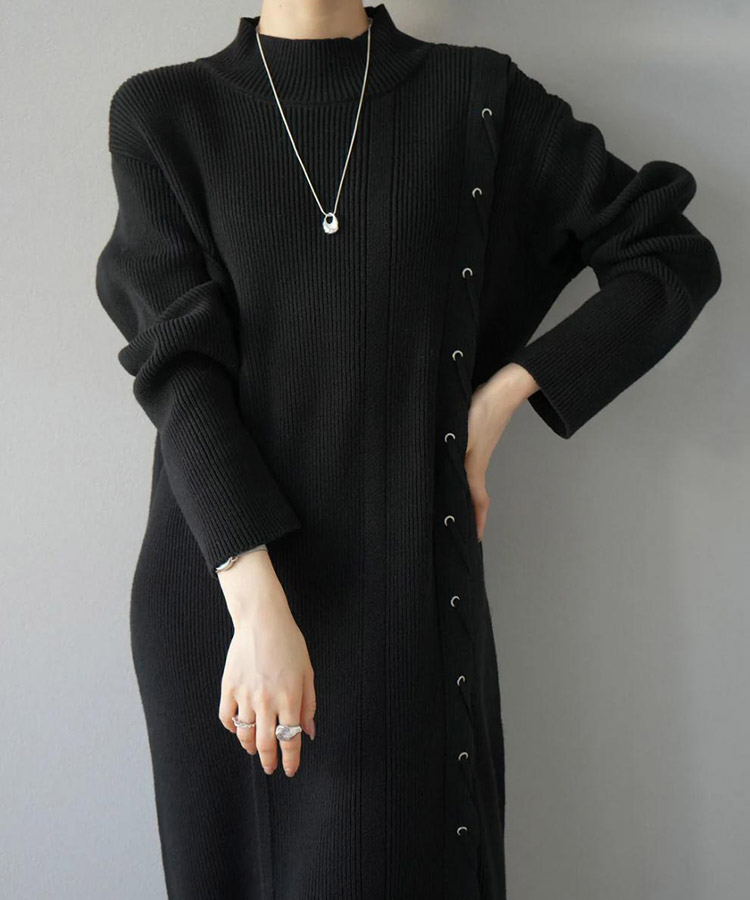 アシンメトリー 編み上げ リブニット ロングワンピース