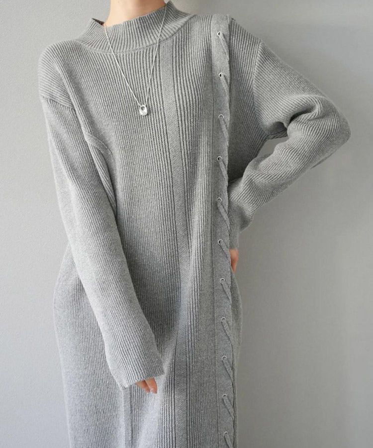 アシンメトリー 編み上げ リブニット ロングワンピース