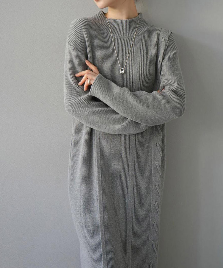 アシンメトリー 編み上げ リブニット ロングワンピース | レディース