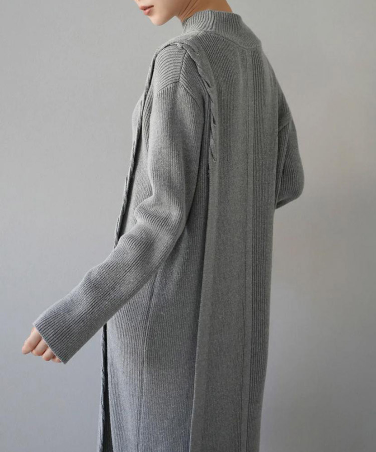 アシンメトリー 編み上げ リブニット ロングワンピース