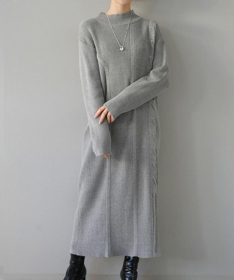 アシンメトリー 編み上げ リブニット ロングワンピース