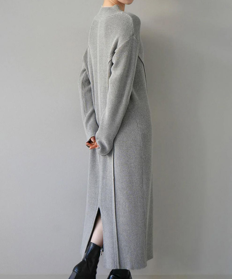 アシンメトリー 編み上げ リブニット ロングワンピース