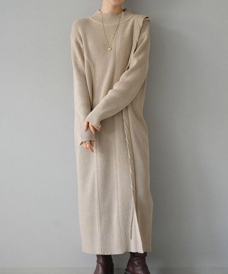 アシンメトリー 編み上げ リブニット ロングワンピース