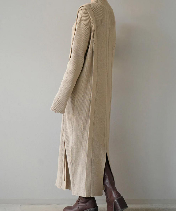 アシンメトリー 編み上げ リブニット ロングワンピース