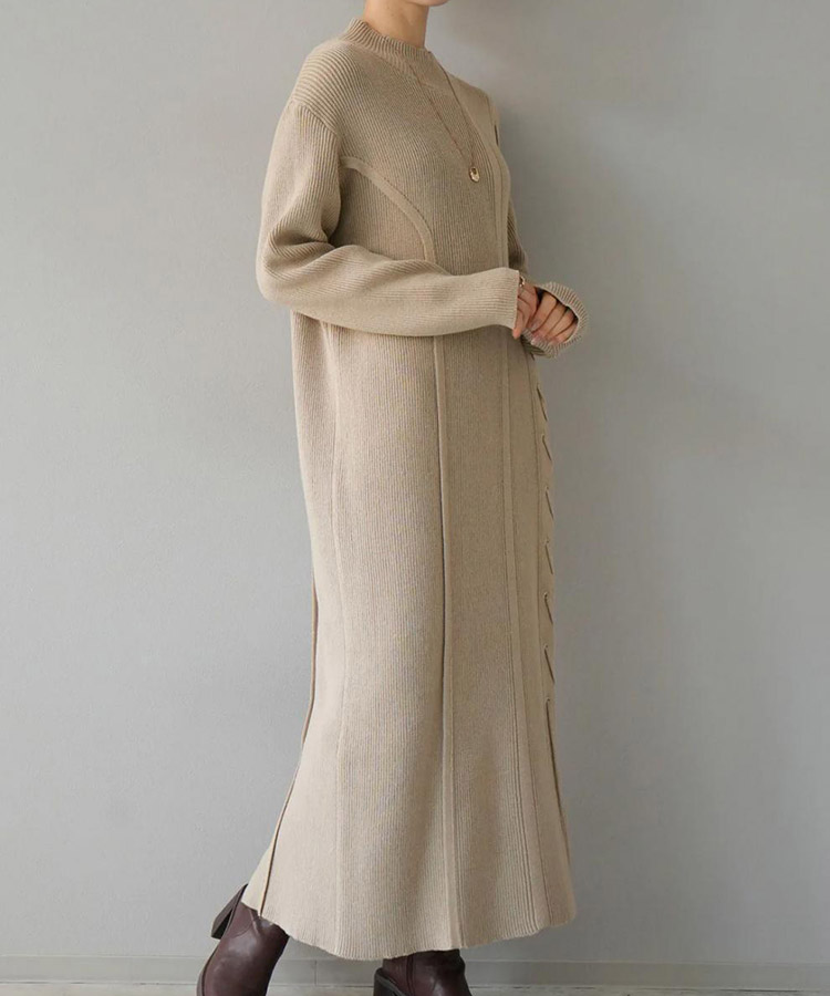アシンメトリー 編み上げ リブニット ロングワンピース