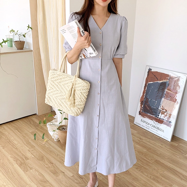 きれいめ フロントボタン ミモレ丈 ワンピース