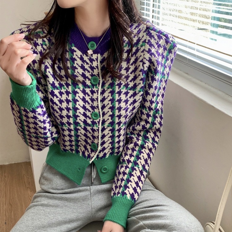 レトロな カラフル千鳥格子 ショート丈 ニットカーディガン