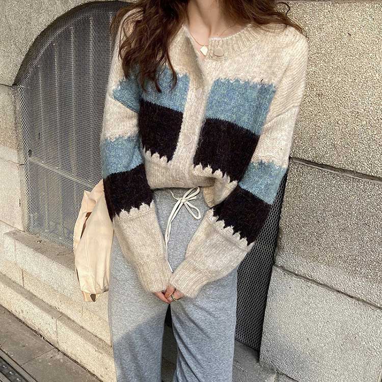 バイカラー 太めボーダー柄 ニットカーディガン