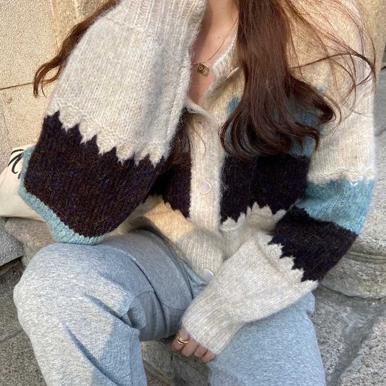 バイカラー 太めボーダー柄 ニットカーディガン