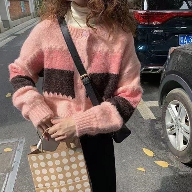 バイカラー 太めボーダー柄 ニットカーディガン