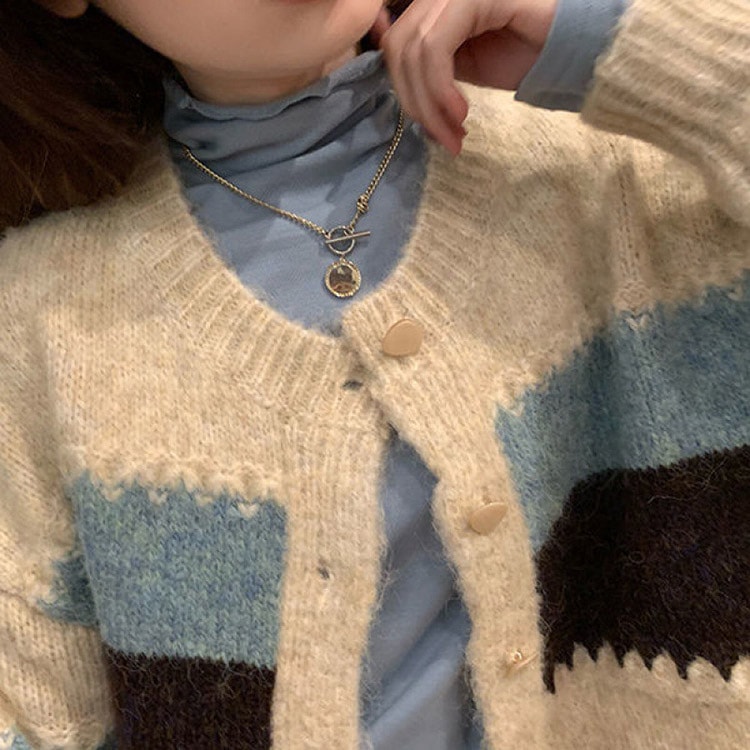 バイカラー 太めボーダー柄 ニットカーディガン