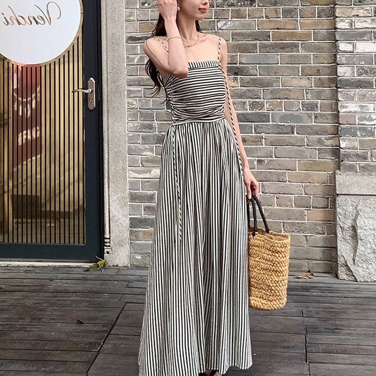 ロング丈 ストライプ柄 キャミソールワンピース