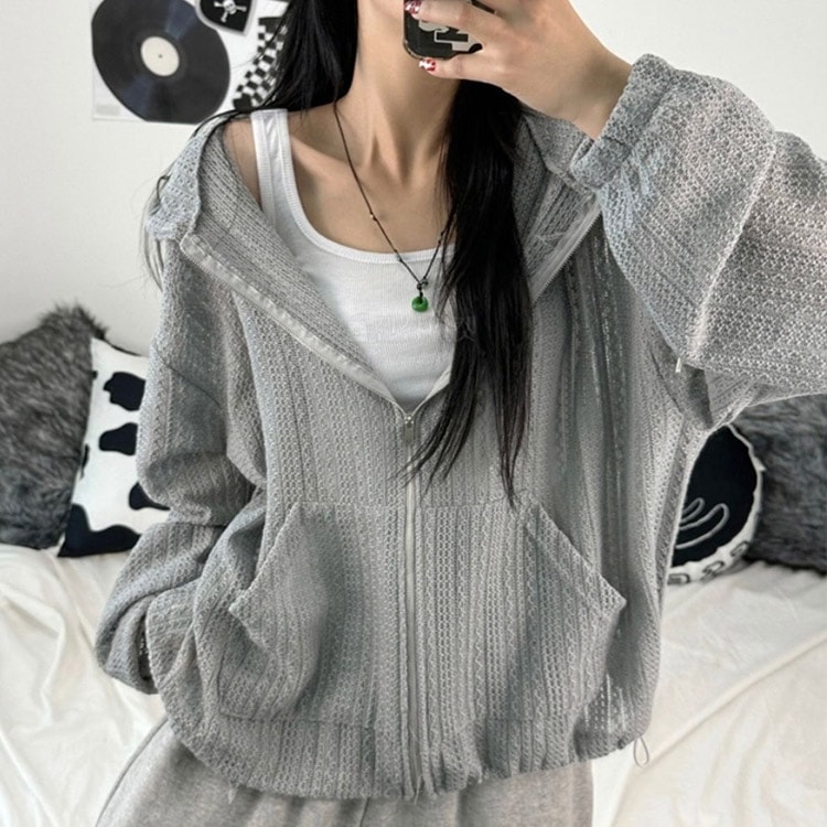 フード付き シースルーレース編み 長袖 クロシェパーカー