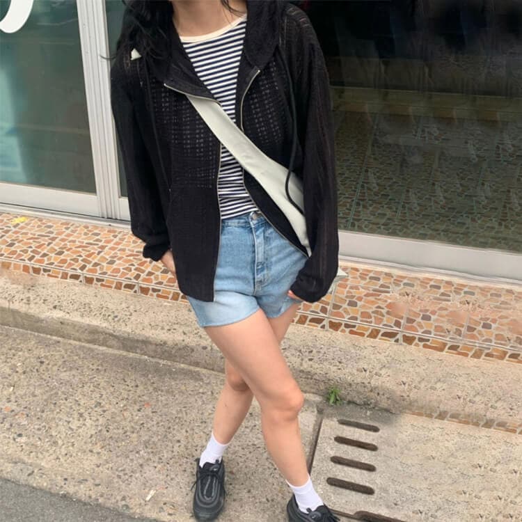 フード付き シースルーレース編み 長袖 クロシェパーカー