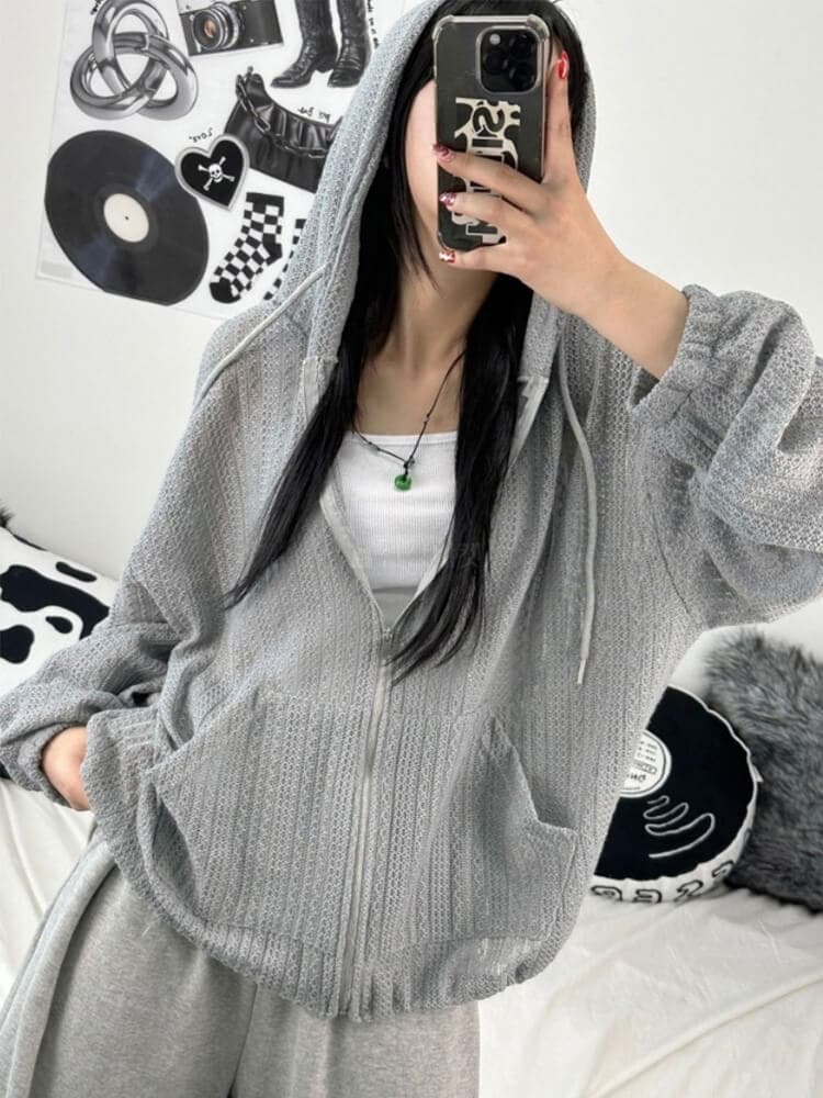 フード付き シースルーレース編み 長袖 クロシェパーカー