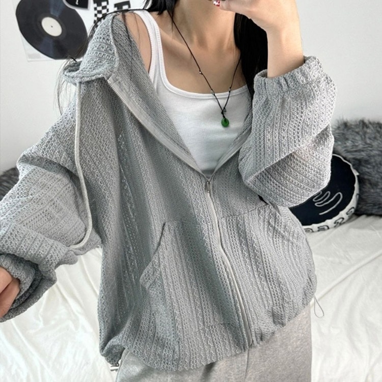 フード付き シースルーレース編み 長袖 クロシェパーカー