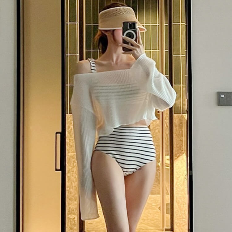 トップス付き ボーダー柄 ハイウエスト ビキニ 水着 セット