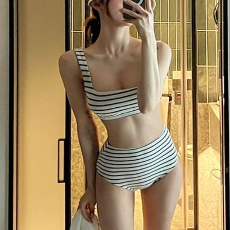 トップス付き ボーダー柄 ハイウエスト ビキニ 水着 セット