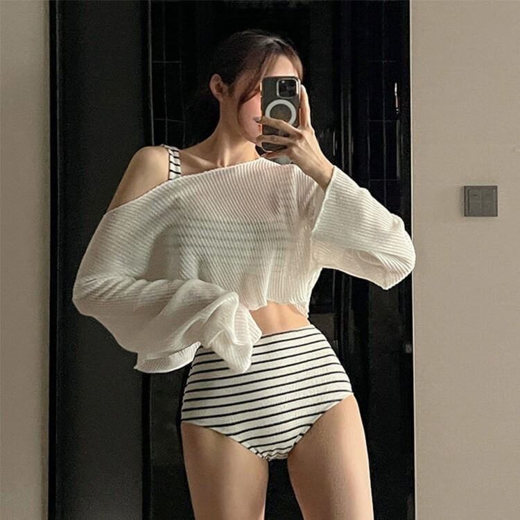 トップス付き ボーダー柄 ハイウエスト ビキニ 水着 セット