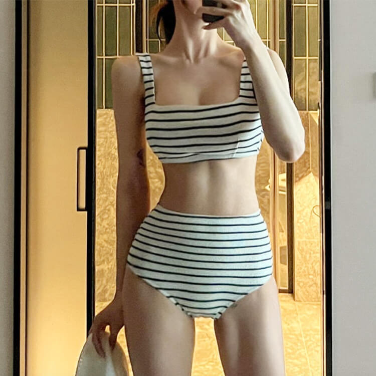 トップス付き ボーダー柄 ハイウエスト ビキニ 水着 セット