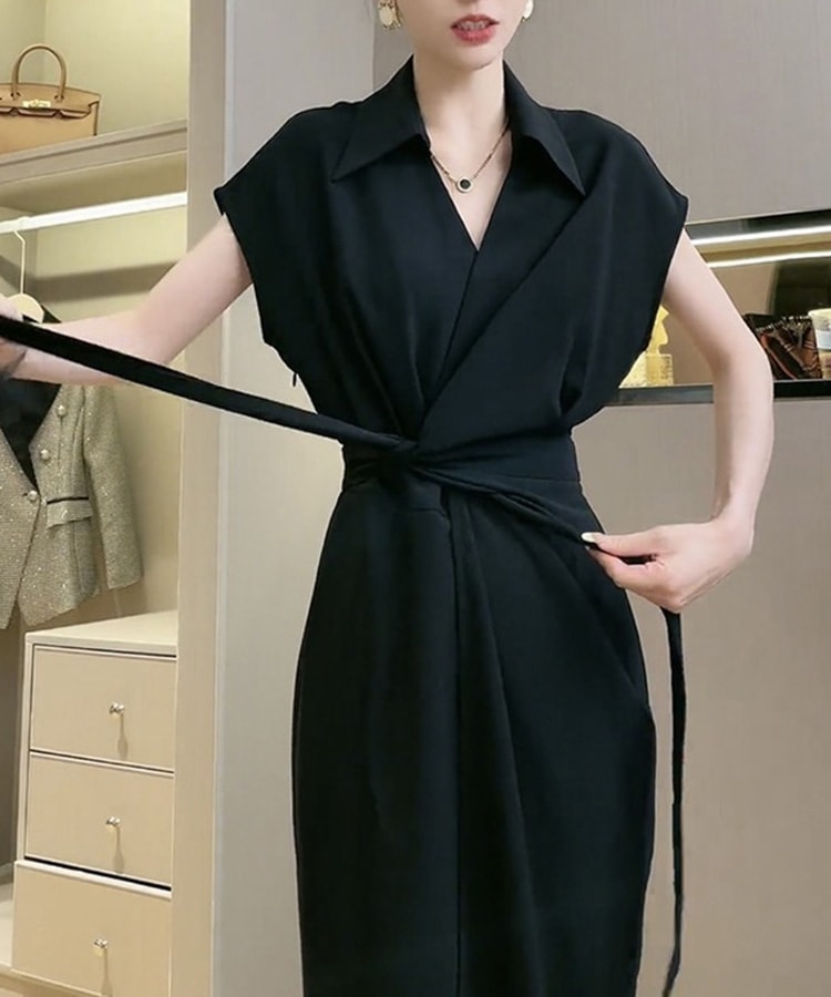 カシュクール リボン 半袖 ミモレ丈 ワンピース