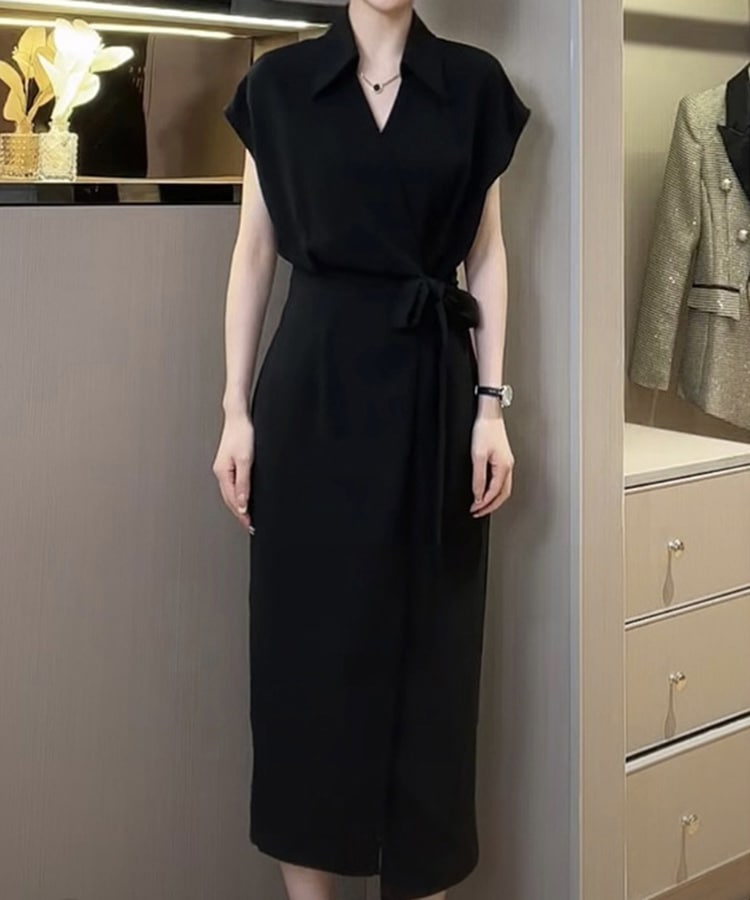 カシュクール リボン 半袖 ミモレ丈 ワンピース