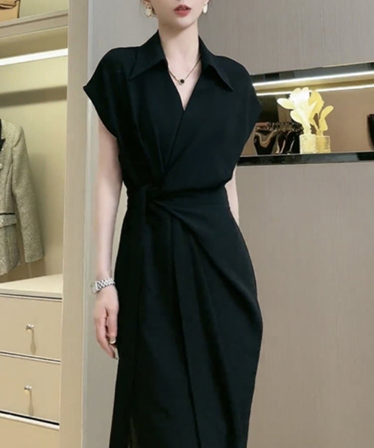 カシュクール リボン 半袖 ミモレ丈 ワンピース