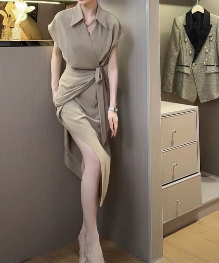 カシュクール リボン 半袖 ミモレ丈 ワンピース