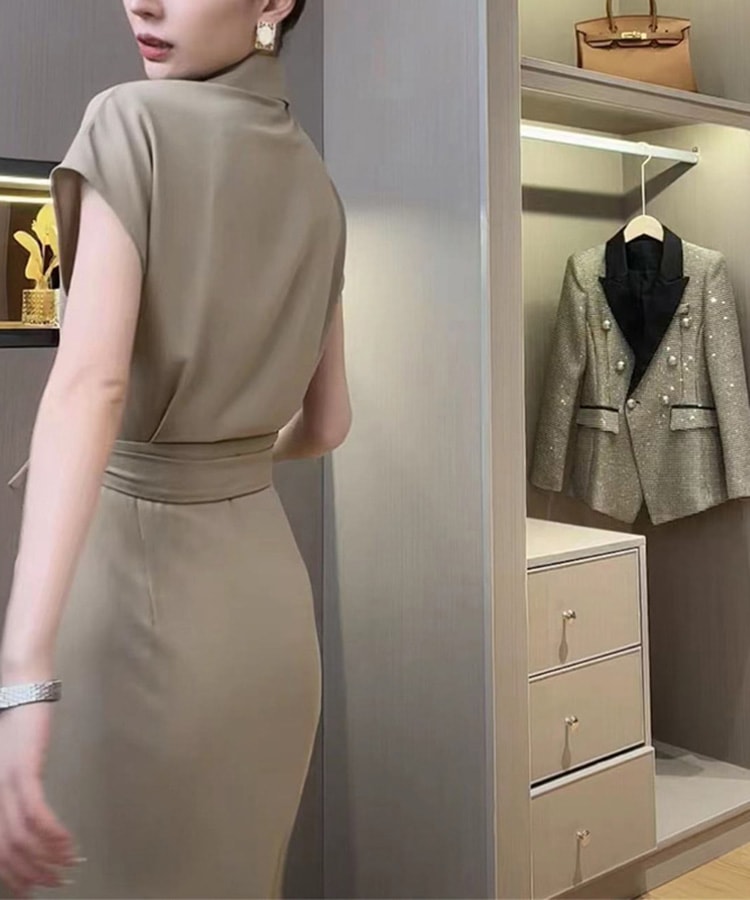 カシュクール リボン 半袖 ミモレ丈 ワンピース