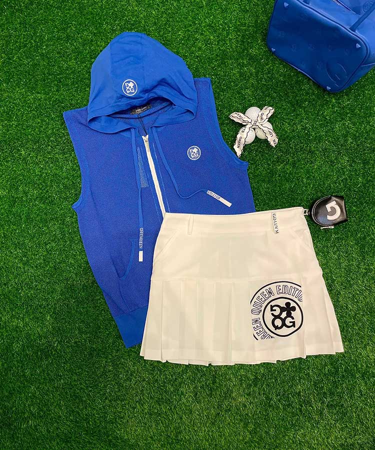 韓国ゴルフウェア レタリング刺繍 プリーツスカート