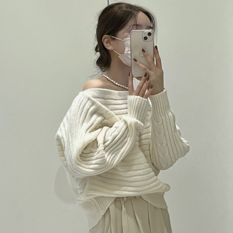 スラッシュドネック オフショルダー ドルマン袖 ニット