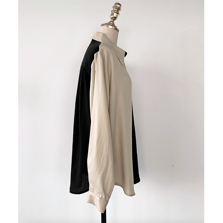 アシンメトリー バイカラー オープンカラー 長袖ブラウス